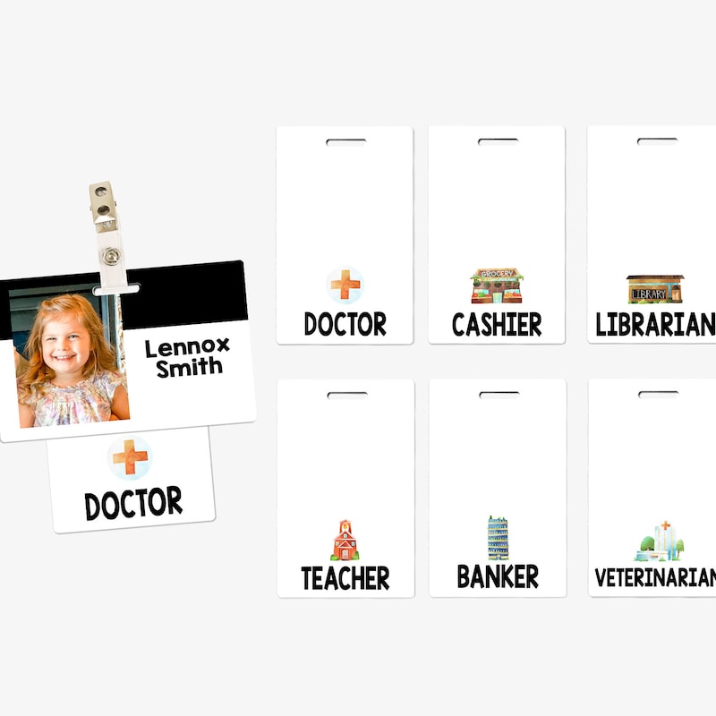 🌟Free Personalization🌟 Personalized Dramatic Play Occupation Badge Set (7 Cards), Pretend Play Kids Badges