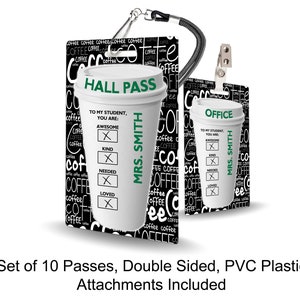 Coffee Theme Classroom Hall Passes for Teachers, Personalized, Set of 10