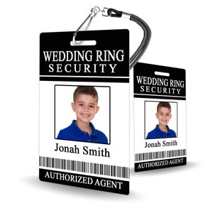 May include: Black and white wedding ring security badge with a photo of a young person wearing a blue shirt. The badge has the text "Wedding Ring Security" and "Authorized Agent" printed on it.