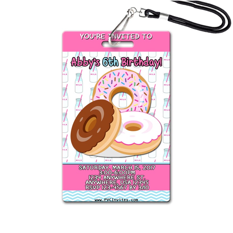 May include: Pink birthday party invitation with a donut theme. The invitation features three donuts, one with chocolate frosting, one with white frosting, and one with pink frosting and sprinkles. The text on the invitation reads "You're Invited to Abby's 6th Birthday!" and includes the date, time, and location of the party.
