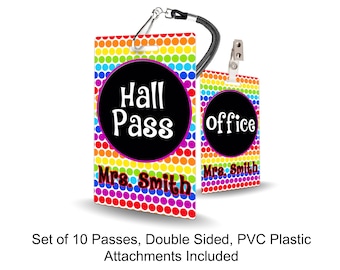 Rainbow Dots Theme Classroom Hall Passes for Teachers, Personalized, Set of 10