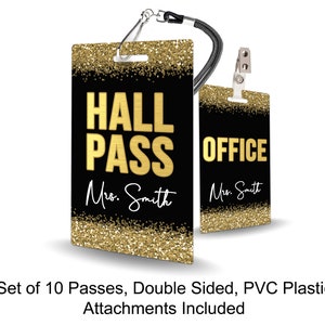 Gold Theme Klassenzimmer Hall Passes für Lehrer, personalisiert, 10er-Set