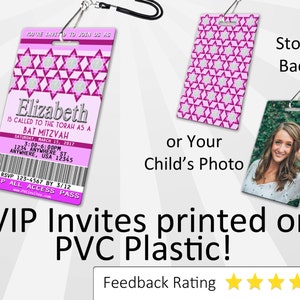 May include: A pink and white VIP access pass with a star of David pattern. The pass is printed on PVC plastic and has a lanyard attached. The text on the pass reads "Elizabeth is called to the Torah as a Bat Mitzvah" and includes the date, time, and location of the event. The back of the pass is a solid pink color with a star of David pattern.