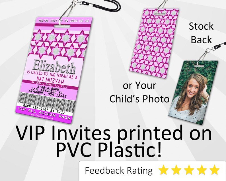 May include: A pink and white VIP access pass with a star of David pattern. The pass is printed on PVC plastic and has a lanyard attached. The text on the pass reads "Elizabeth is called to the Torah as a Bat Mitzvah" and includes the date, time, and location of the event. The back of the pass is a solid pink color with a star of David pattern.