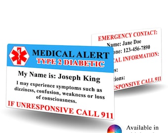 Medical Alert Type 2 Diabetic Contact Card - Type 2 Diabetic alert, medical alert, Type 2 Diabetic identification, emergency contact card,