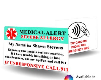NFC Medical Alert Severe Allergy Contact Card -  Severe Allergy alert, medical alert, Severe Allergy identification, emergency contact card,