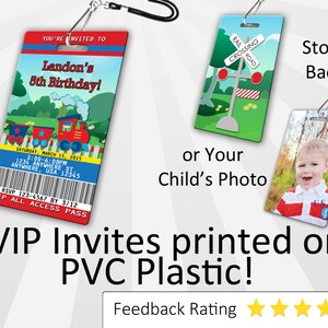 May include: A red, white, and blue train-themed birthday party invitation printed on a plastic VIP pass with a lanyard. The invitation includes the text "Landon's 8th Birthday!" and the date "Saturday, March 15, 2015". The back of the pass shows a cartoon image of a railroad crossing sign.