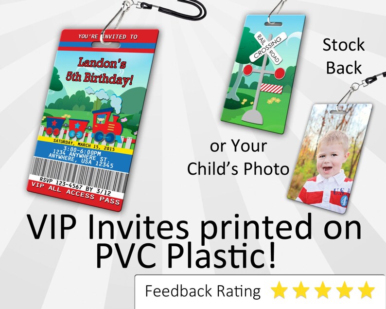 May include: A red, white, and blue train-themed birthday party invitation printed on a plastic VIP pass with a lanyard. The invitation includes the text "Landon's 8th Birthday!" and the date "Saturday, March 15, 2015". The back of the pass shows a cartoon image of a railroad crossing sign.