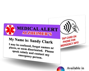 NFC Medical Alert Alzheimers Contact Card -  Alzheimer's alert, medical alert, Alzheimer's identification, emergency contact card,