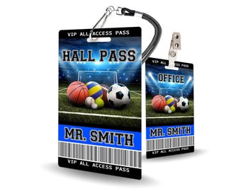 Sports Variety Theme Classroom Hall Passes for Teachers, 5 Personalized Passes - Made of Durable PVC Plastic
