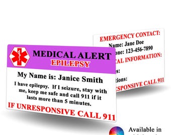 Medical Alert Epilepsy Contact Card - Epilepsy , Epilepsy alert, medical alert, Epilepsy identification, emergency contact card,
