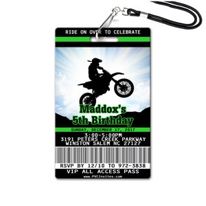 May include: A black and green VIP all access pass for Maddox's 5th birthday party. The pass features a silhouette of a motocross rider on a dirt bike. The party is on Sunday, December 17, 2017, from 3:00 to 5:00 PM at 3191 Peters Creek Parkway, Winston Salem NC 27127. RSVP by 12/10 to 972-3838.