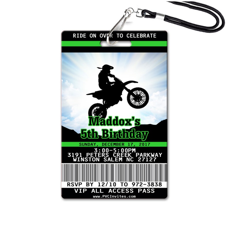 May include: A black and green VIP all access pass for Maddox's 5th birthday party. The pass features a silhouette of a motocross rider on a dirt bike. The party is on Sunday, December 17, 2017, from 3:00 to 5:00 PM at 3191 Peters Creek Parkway, Winston Salem NC 27127. RSVP by 12/10 to 972-3838.
