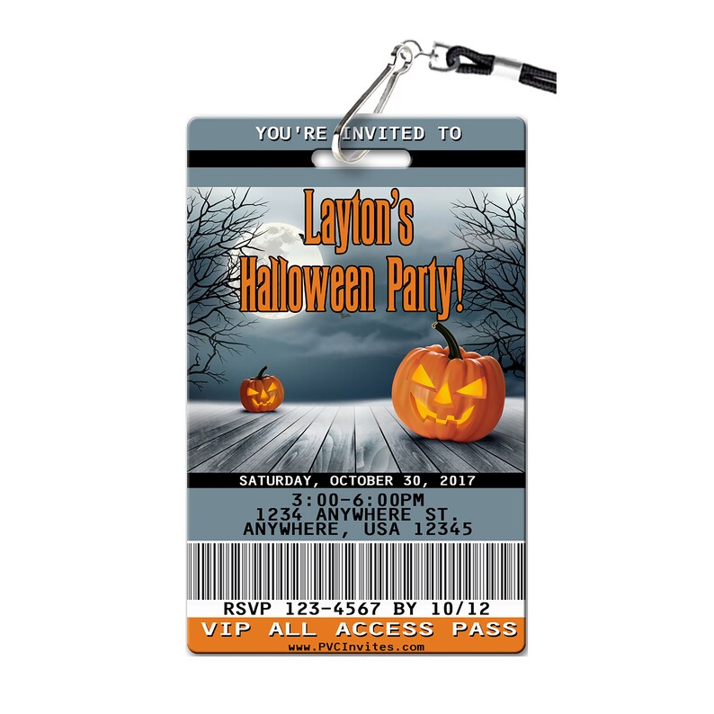 May include: A Halloween party invitation with a spooky background featuring a full moon, bare trees, and two jack-o'-lanterns. The invitation is for Layton's Halloween Party on Saturday, October 30, 2017, from 3:00 to 6:00 PM. The address is 1234 Anywhere St., Anywhere, USA 12345. The RSVP number is 123-4567 by 10/12. The invitation also includes the text "VIP All Access Pass" and the website www.PVCInvites.com.