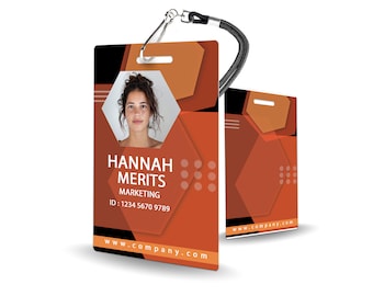 May include: Orange and black ID card with a photo of a person, the text "HANNAH MERITS", "MARKETING", "ID: 1234 5670 9789", and the website "www.company.com".