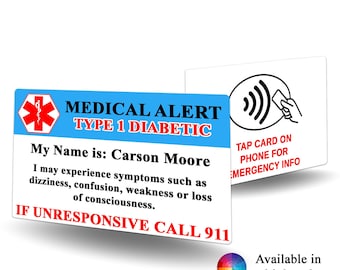 NFC Medical Alert Type 1 Diabetic Contact Card -  Type 1 Diabetic alert, medical alert, Type 1 Diabetic identification, emergency contact