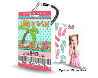May include: Pink and turquoise birthday party invitation with a palm tree and flip flops. The invitation is in the shape of a lanyard with a hole at the top. The text on the invitation reads "You're invited to Kylie's 1st Birthday!" and includes the date, time, and location of the party. The back of the invitation features a photo of a young girl with a surprised expression.