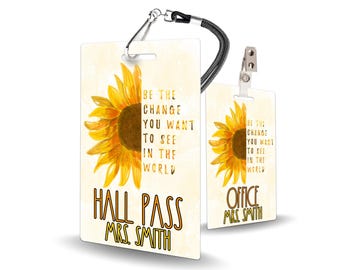 Sunflower Theme Classroom Hall Passes for Teachers, Personalized, Hall Pass Set of 5