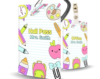 Bright School Supplies Theme Classroom Hall Passes for Teachers, Personalized, Set of 10