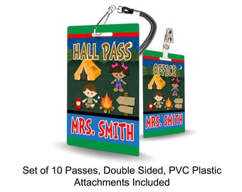 Camping Theme Classroom Hall Passes for Teachers, Personalized, Set of 10