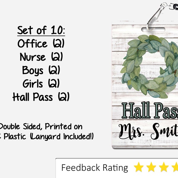 Magnolia Wreath Theme Classroom Hall Passes for Teachers, Personalized, Hall Pass Set of 10