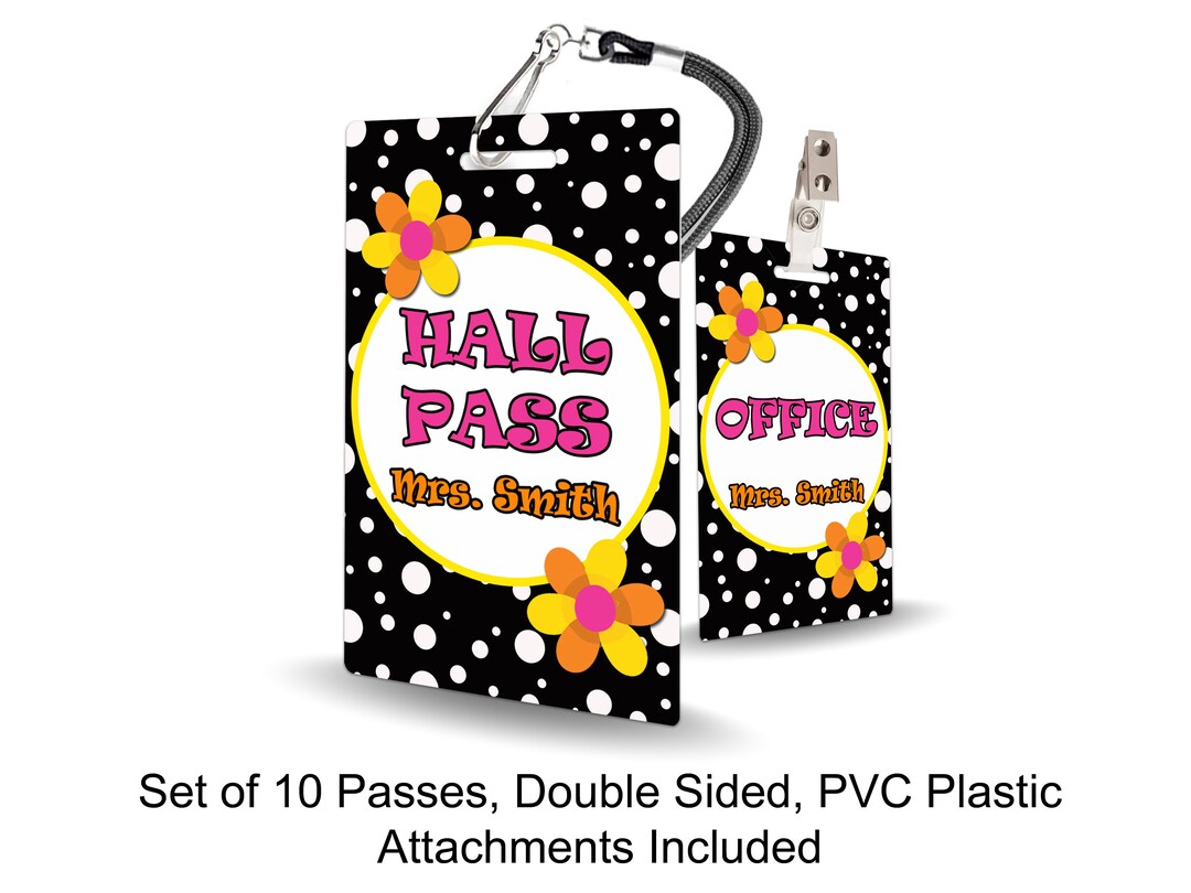Black Dots Theme Classroom Hall Passes for Teachers, Personalized, Set ...