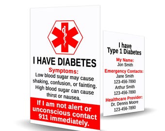 Medical Alert Type 1 Diabetes Contact Card - Type 1 Diabetes alert, medical alert, Type 1 Diabetes identification, emergency contact card,
