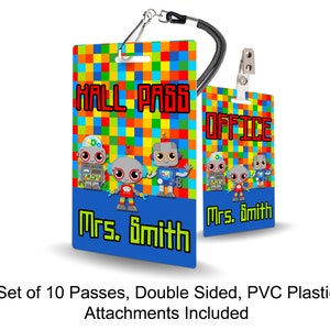 Robot Theme Classroom Hall Passes for Teachers, Personalized, Set of 10