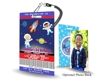 May include: A blue and red space-themed birthday party invitation with a rocket, planets, and astronauts. The invitation is shaped like a VIP pass with a lanyard. The text on the invitation reads "You're invited to Alexander's 3rd Birthday! Saturday, February 6, 2017 11:00AM-3:00PM 1234 Anywhere Street Anywhere, USA RSVP 123-4567 VIP All Access Pass www.PVCinvites.com".