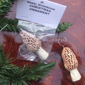 Kerstornament met paddestoelen en morieljes