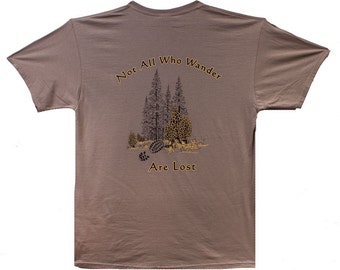 Morel Mushroom Shirt - Not All Who Wander Are Lost, with morels ( Back).  Clump of Morel Mushrooms on the front