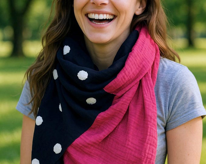 Sommertuch Musselin  XXL Wickelschal Dreieck Loopschal Pink Fuchsia Marine Punkte Baumwolle Schal Stola  Dreieckstuch Geschenk Muttertag