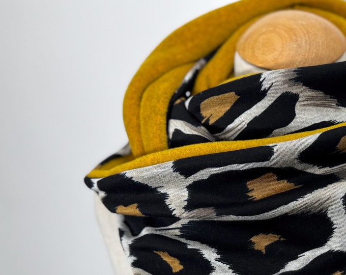 Loop scarf, snood, tube scarf, jersey reversible scarf, leopard print, animal curry, yellow, brown, grey, winter scarf, gift for women, fleece