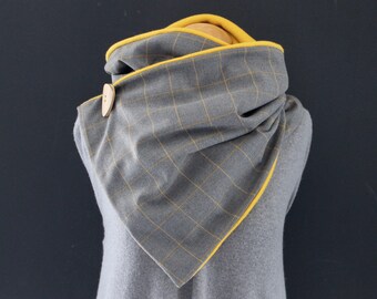 Wrap scarf button scarf wrap scarf triangular scarf gray yellow check wrap scarf, triangular scarf, loop scarf