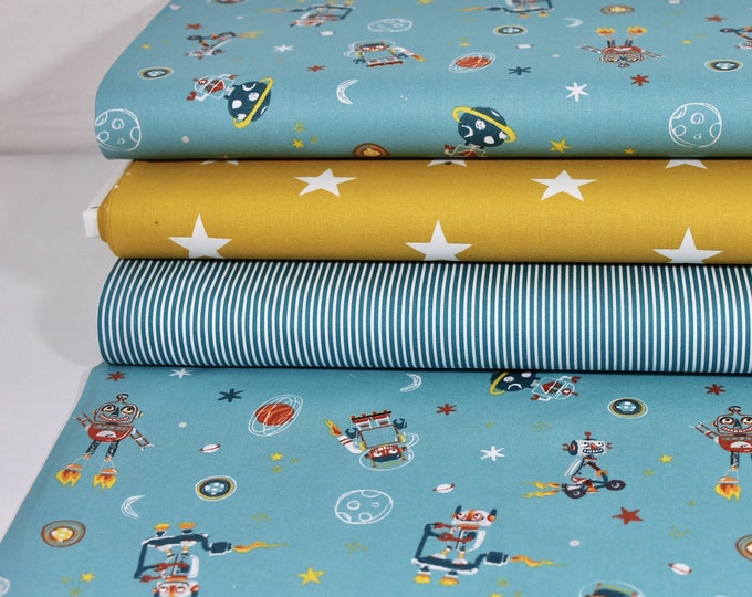 Cotton Fabric Patchwork Meterware Yellow Blue Robot