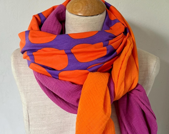 Scarf Winter Autumn Jersey Muslin Stole Muslin Cloth XXL Wrap Scarf Loop Scarf Purple Lilac Neon Dots Orange Cotton
