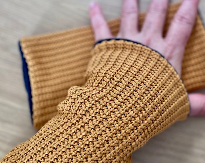 Arm warmers cuffs wrist warmers muff knit yellow curry fleece winter lined