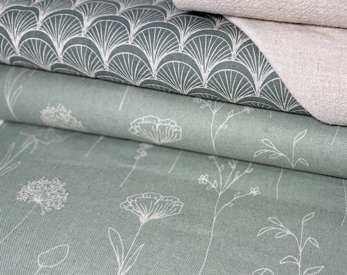 Decorative fabric canvas bag fabric cotton sold by the meter green beige brown flowers taupe leaves pillow curtain tablecloth sewing