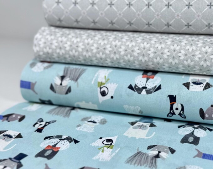 Cotton Fabric Dogs Turquoise Blue Grey Patchwork Fabric Cotton Fabric Package