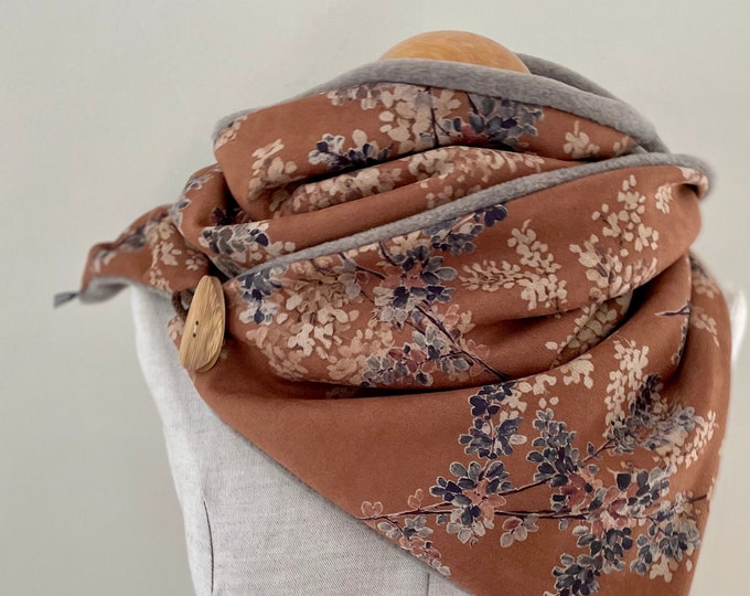 Wrap Scarf Triangle Scarf Scarf Button Scarf Fleece Scarf Winter Scarf Beige Rust Cognac Flowers Romantic