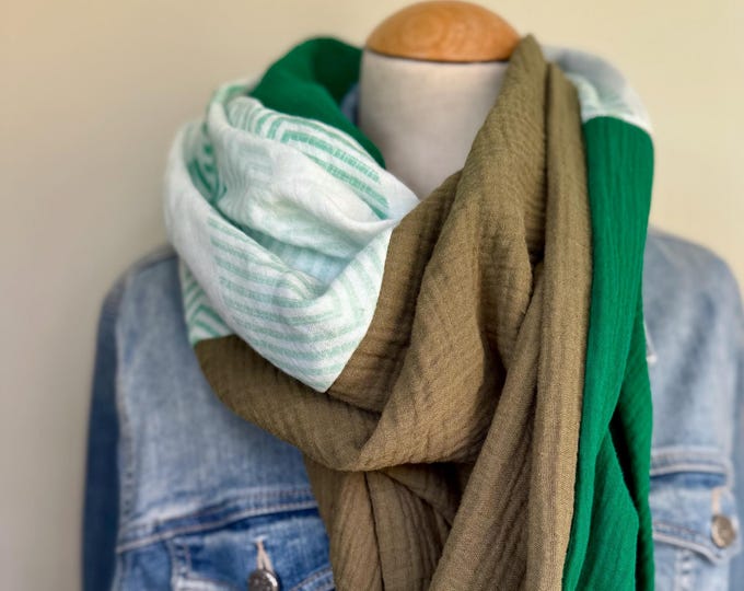 Muslin triangle scarf XXL wrap scarf loop scarf green khaki olive cotton scarf stole summer scarf