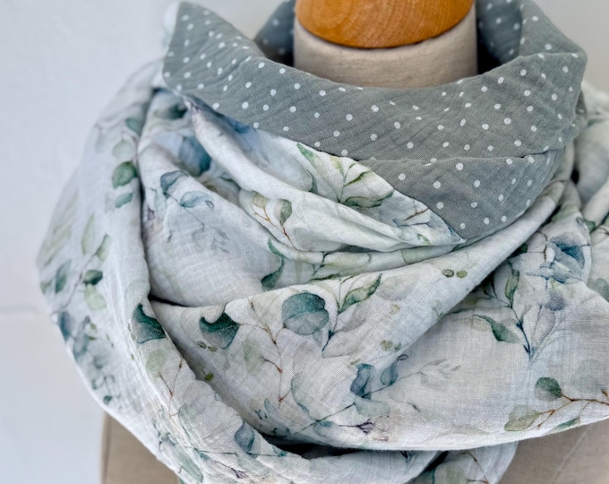 Muslin cloth XXL wrap scarf loop scarf watercolor pastel eucalyptus green reed dots scarf stole summer scarf triangular scarf