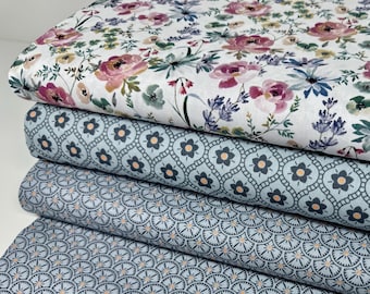 SALE 1m Cotton Fabric Patchwork Blue-Grey Flowers Graphic Circles Fabric Bundle