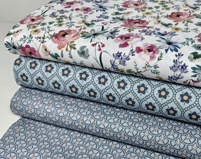 Cotton Fabric Patchwork Blue-Gray Flowers Graphic Circles Fabric Package