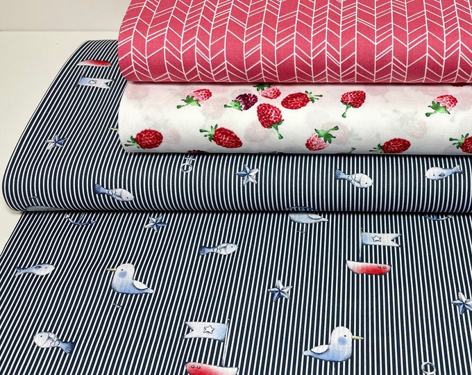 Cotton Fabric Patchwork Meterware Poplin Blue Red Flowers May Maritime Marine Digital Print Stripes
