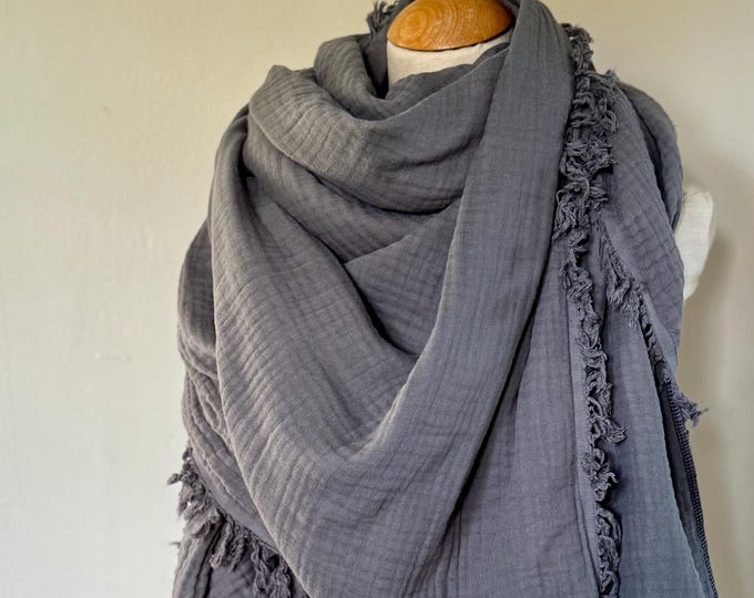 Muslin cloth XXL giant & super soft wrap scarf gray black gift woman ladies stole summer scarf triangular scarf fringes