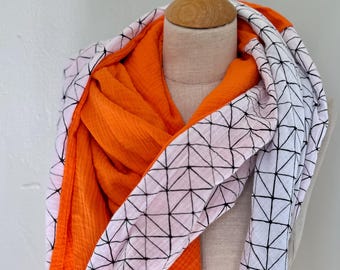 Musselintuch XXL Wickelschal Dreieck Loopschal Orange Dreiecke Schwarz Weiss Baumwolle Schal Stola Sommertuch Dreieckstuch Grafisch