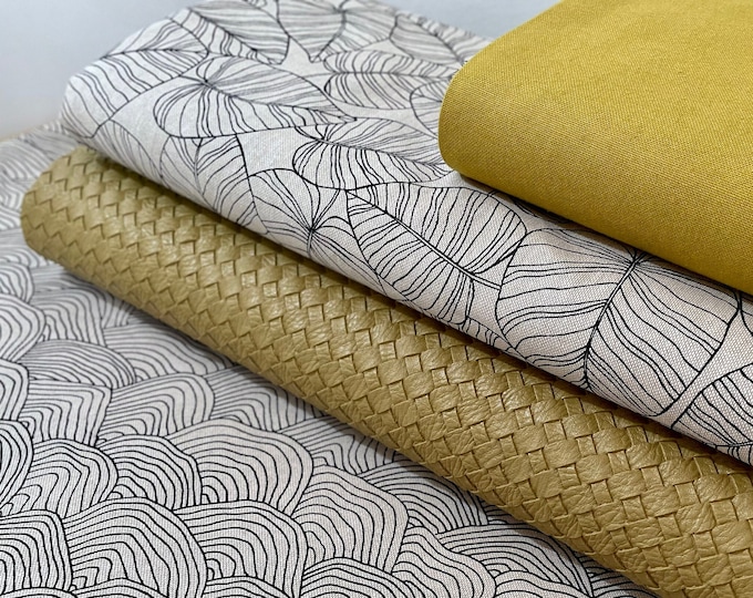 Decorative Fabric Canvas Bag Fabric Cotton Sold by the Meter Yellow Curry Faux Leather Leaves Waves Shell Black