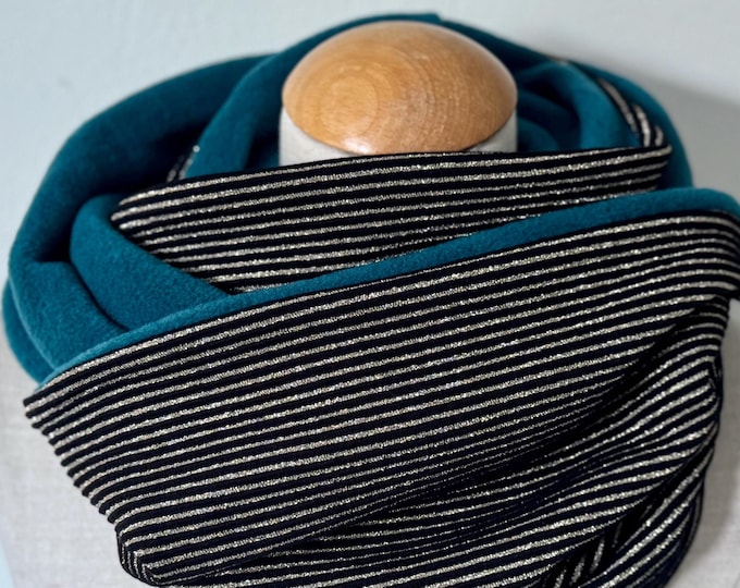 Loop Tube Scarf Loop Scarf Jersey Scarf Reversible Scarf Fleece Black Gold Glitter Stripes Winter Cotton Petrol Green