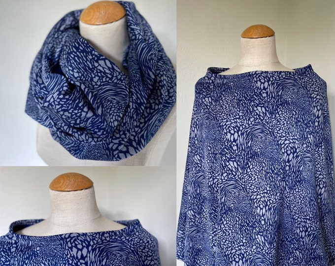 Poncho Cotton Jersey Knit Cape Scarf Cape Throw Soft Blue Navy Leaves Cardigan Scarf Stole Shawl Triangular Scarf